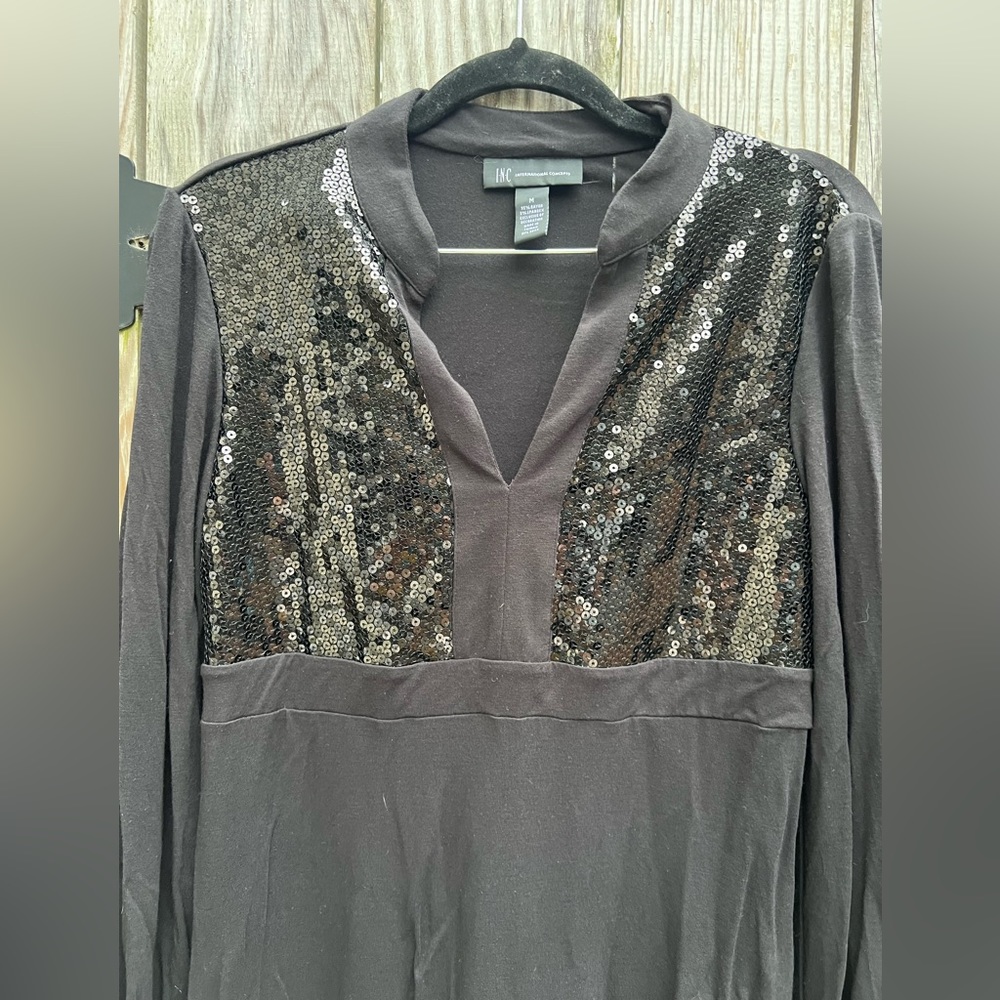INC INTERNATIONAL CONCEPTS Black Long Sleeve Sequin Top Women’s Medium